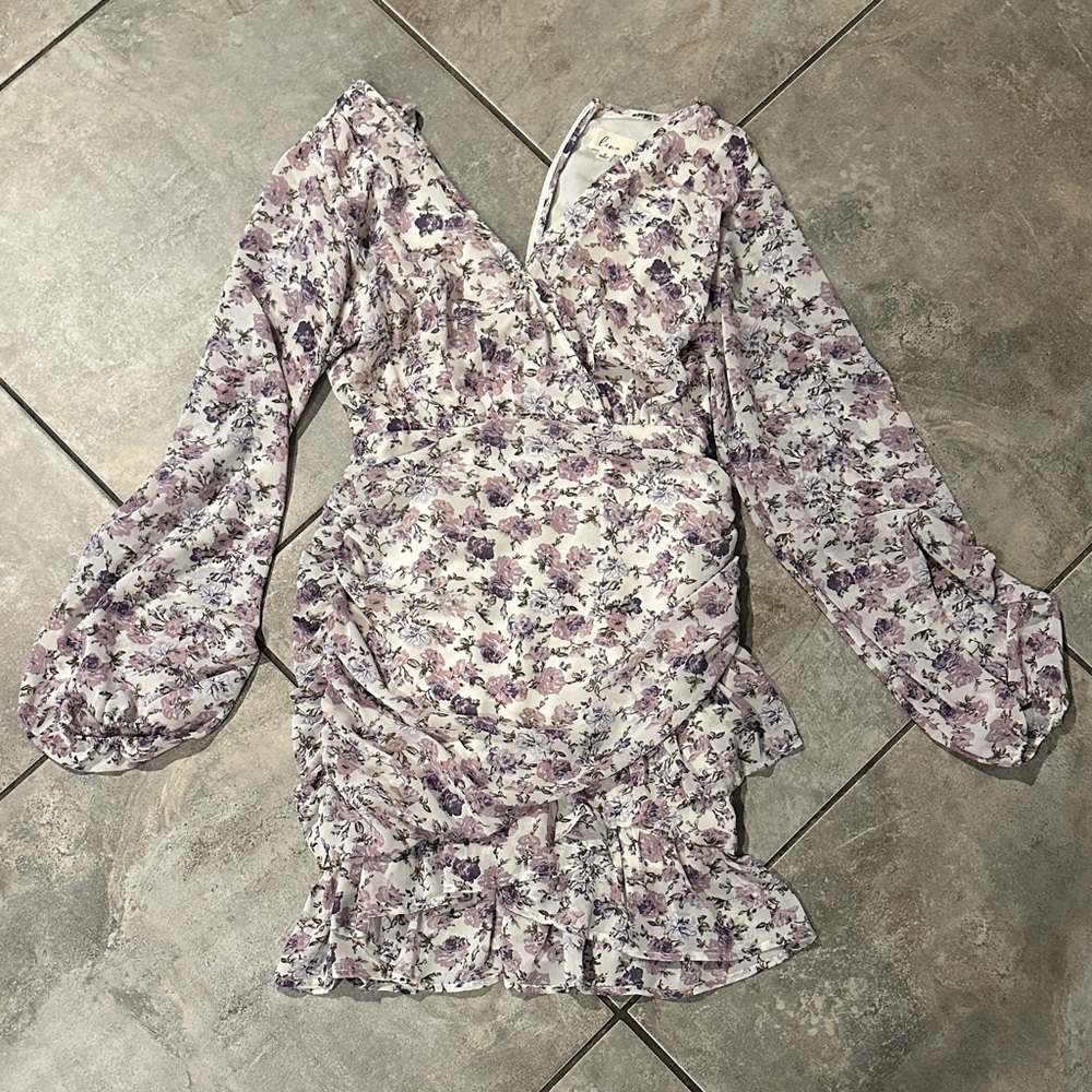 Lena Purple and White Floral Long Sleeve Dress